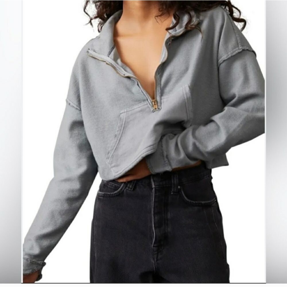 NWT We the Free Kitty Pullover Distressed Kangaroo Pocket Crop 1/4 zip Size XS